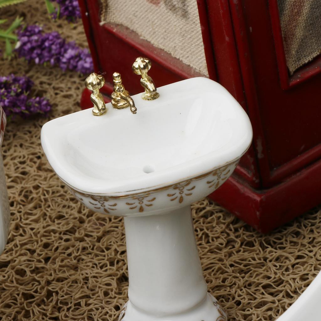 Home Bathroom Sink - طقم حمام سيراميك مصغر لبيت الدمى،