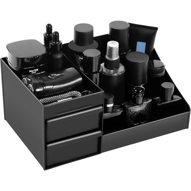 Bath Caddy Tray - منظم مستحضرات تجميل أسود مع أدراج،