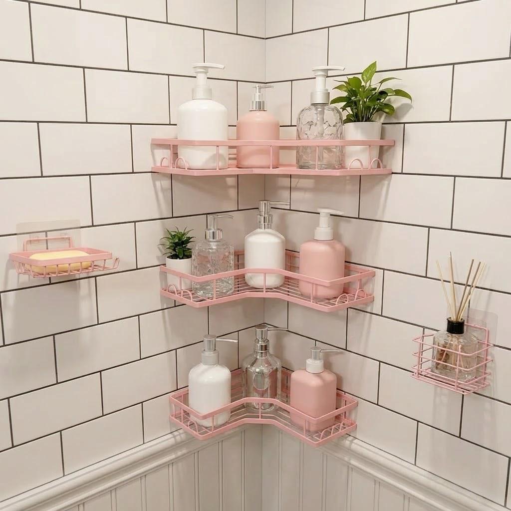 مجموعة منظم دش وردي بتصميم بسي - مراجعة Home Essentials Bathroom Storage وسعره